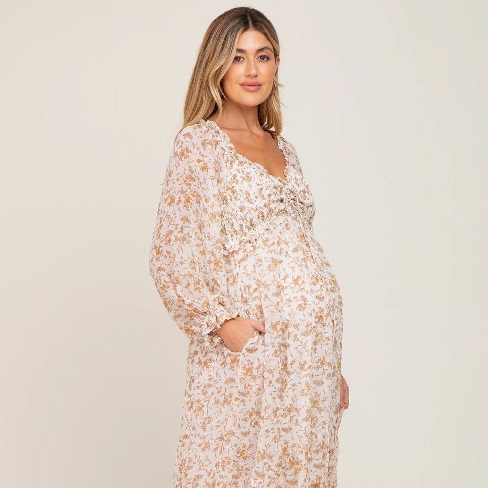 Pinkblush Ivory Floral Chiffon Ruffle Maternity Maxi Dress Medium